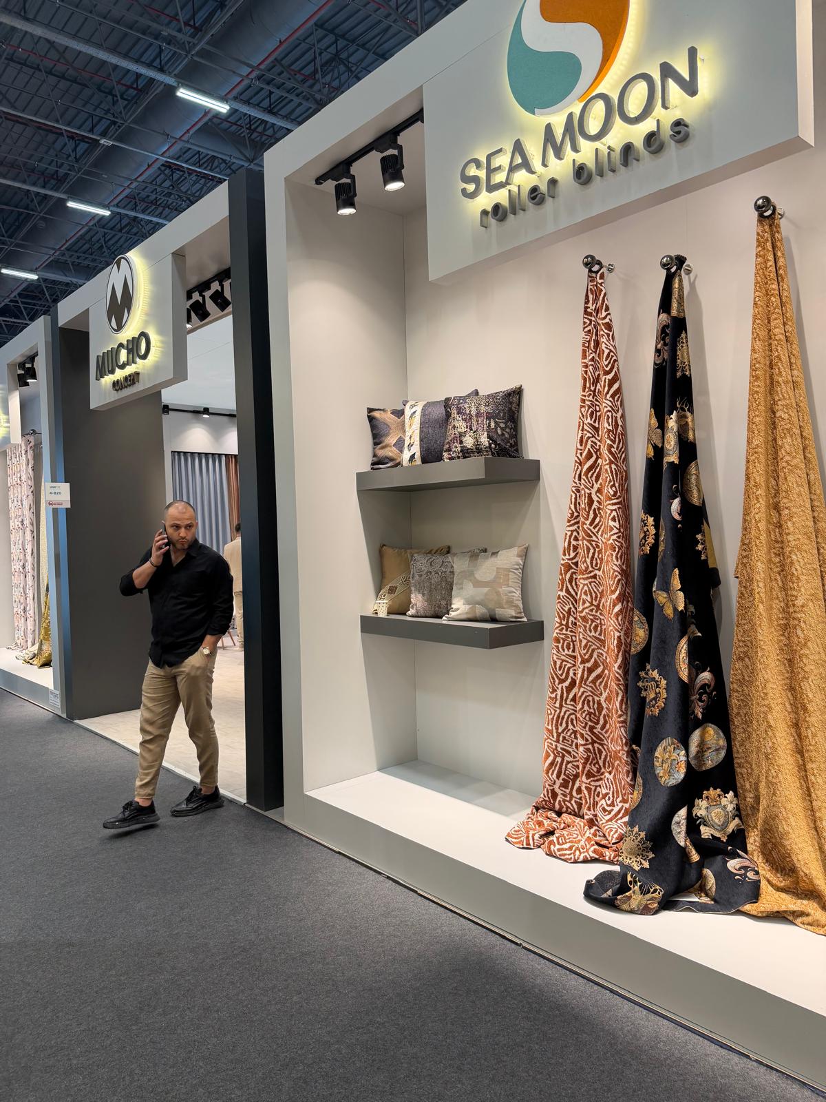 Roller blinds and decorative fabrics on display at a Turkish home textile manufacturer stand during HOMETEX 2026 in Istanbul